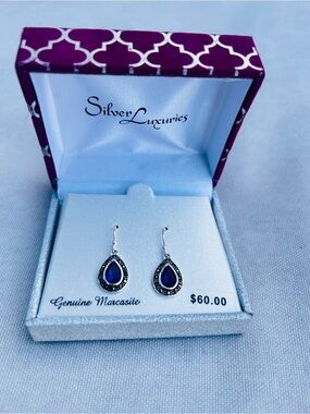 Silver Luxuries Genuine Marcasite Blue Teardrop Earrings